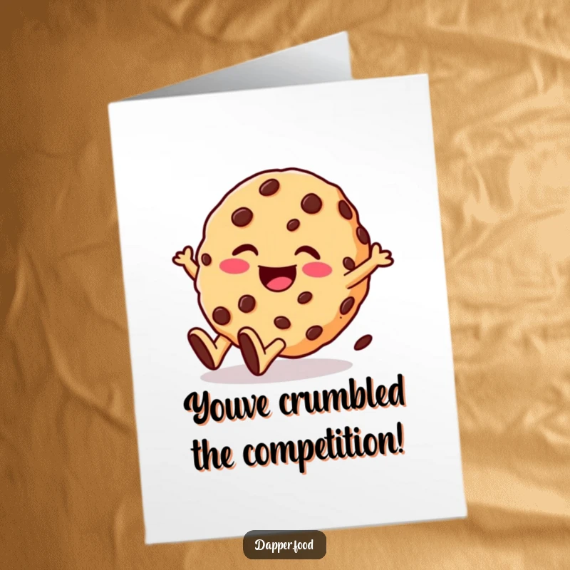 Funny Free Printable Congrats Card: Giggling cookie character with chocolate chips rolls downhill in celebration.