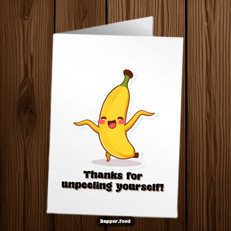 Funny Free Printable Thank You Card: Giggling banana doing a cartwheel, peel flying, expressing thanks with playful energy, art download.