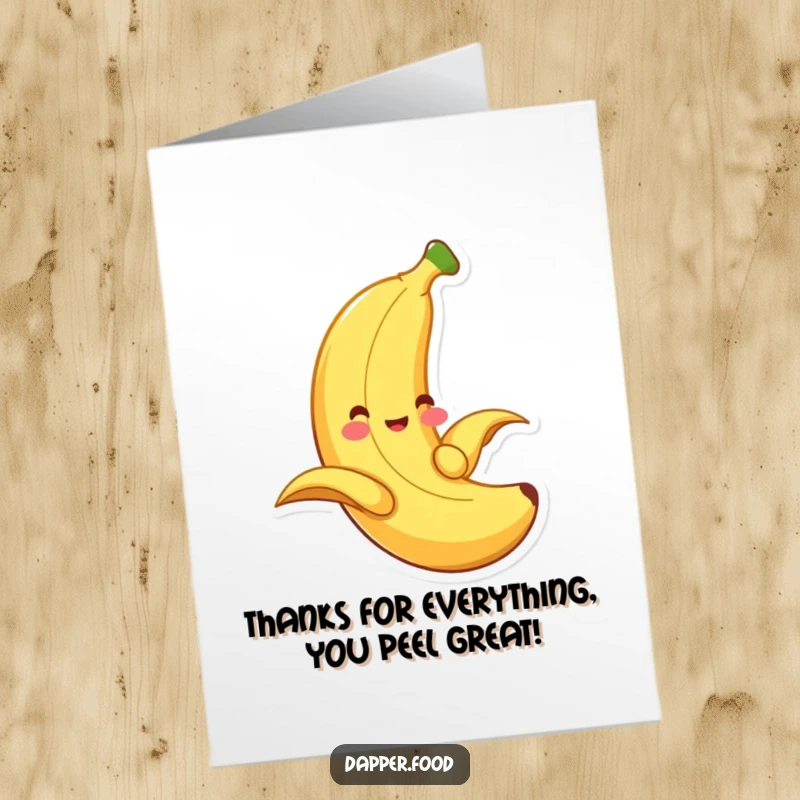 Funny Free Printable Banana Thank You Card, a smiling banana sliding down its peel, expressing thanks with a cheerful and fruity message.