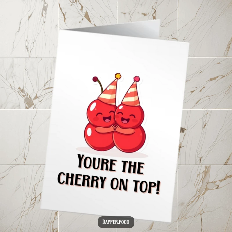Funny Free Printable Thank You Card: Two cheerful cherries in party hats sharing a warm, happy hug.