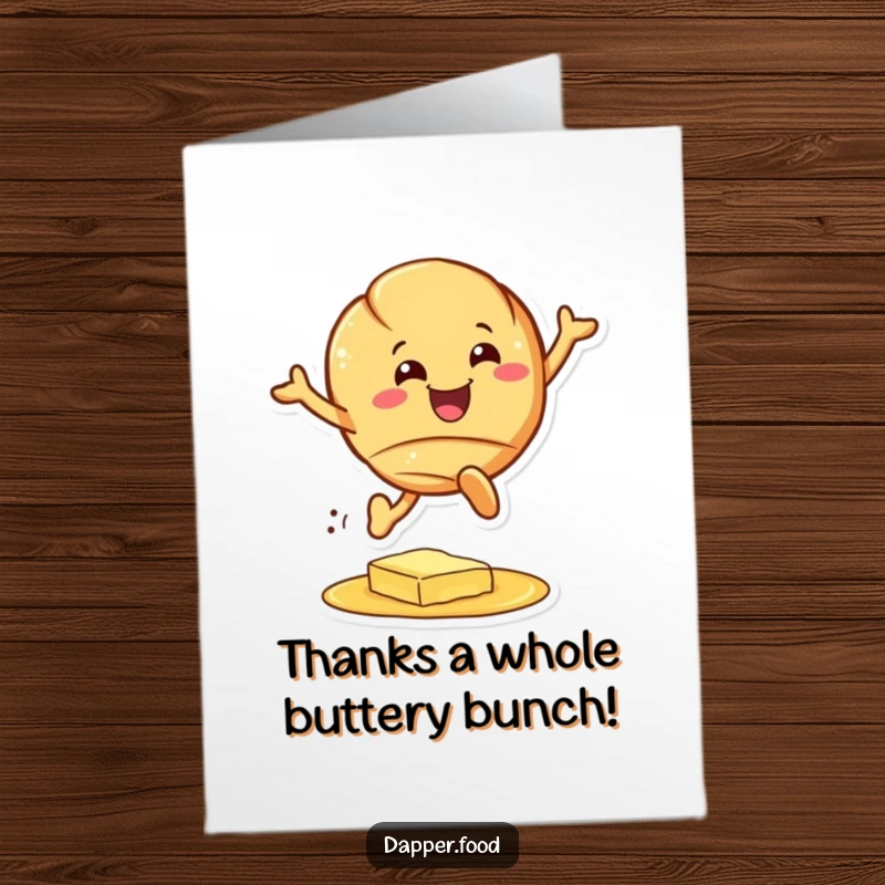 Funny Free Printable Thank You Card: A happy croissant character mid-leap over a small butter puddle.