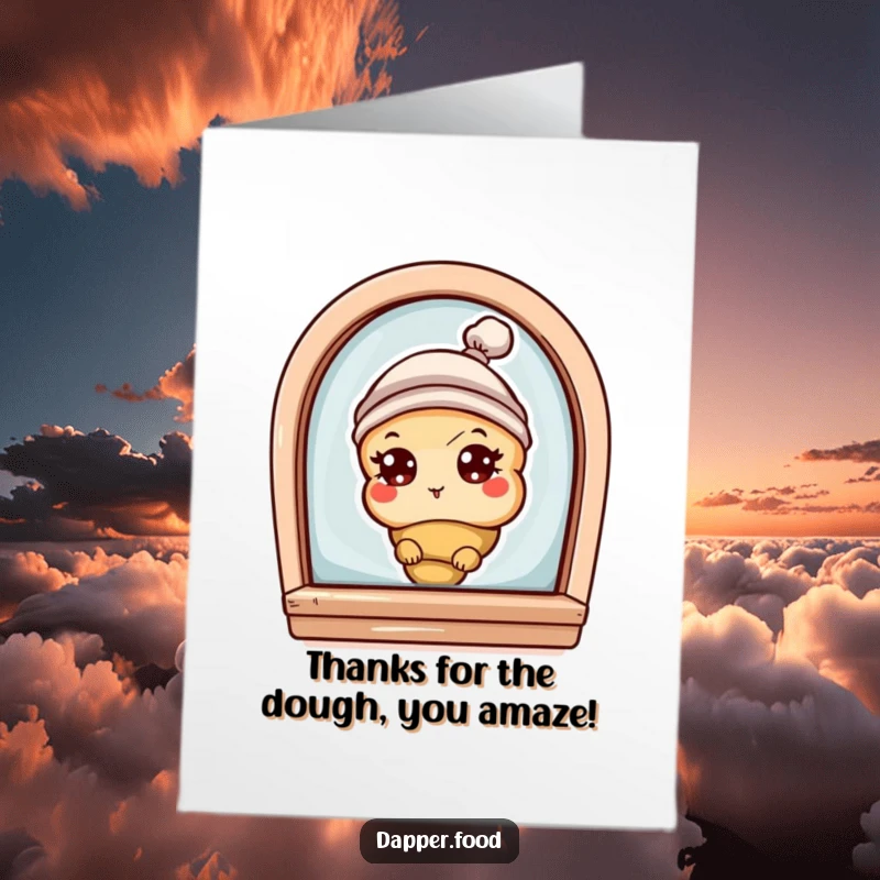 Funny Free Printable Thank You Card: A curious croissant with eyes and hat peeks from a bakery window, expressing thanks.