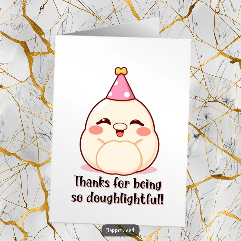 Funny Free Printable Dumpling Thank You Card, a cheerful dumpling wearing a party hat winks, sending thanks with adorable charm and a playful spirit.