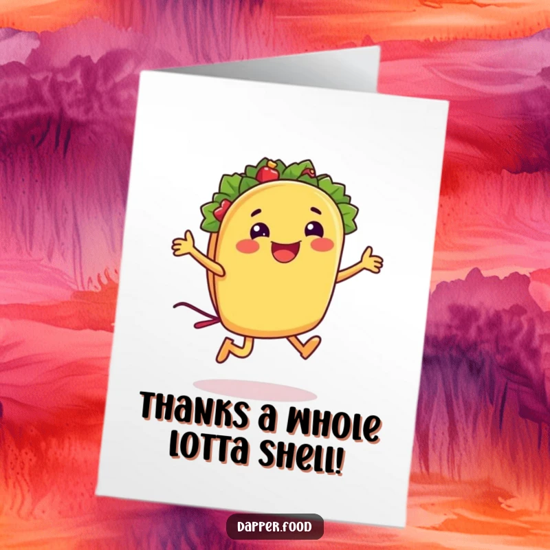 Funny Free Printable Thank You Card: A taco character joyfully jumping rope with its shell, expressing thanks.