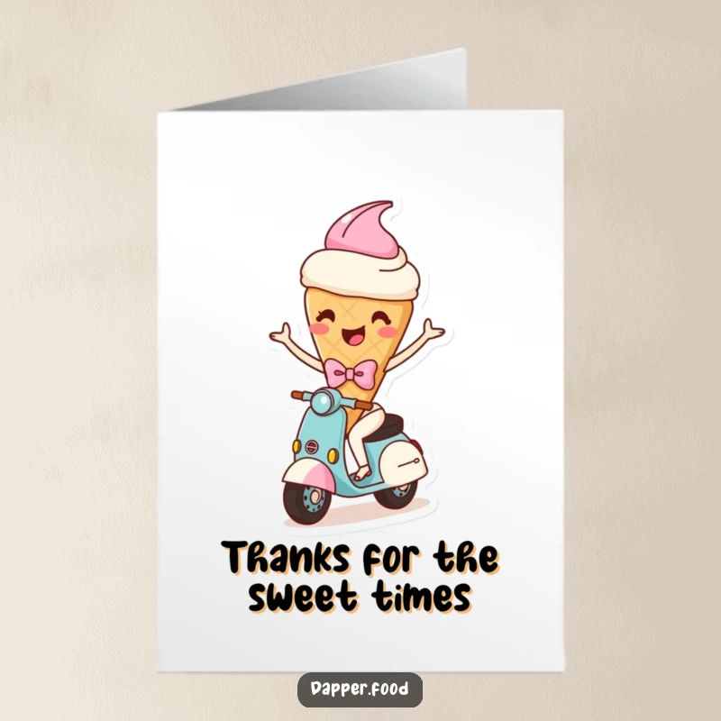 Funny Free Printable Thank You Card: A happy ice cream cone character with arms wearing a bow rides a scooter, perfect for a humorous thank you.
