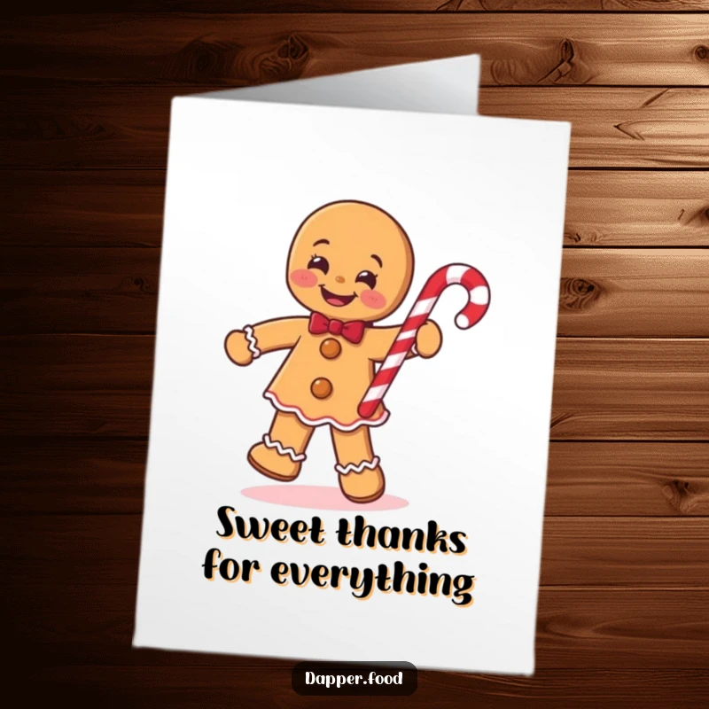 Funny free printable thank you card of a gingerbread man doing a spirited jig with a candy cane, expressing heartfelt thanks.