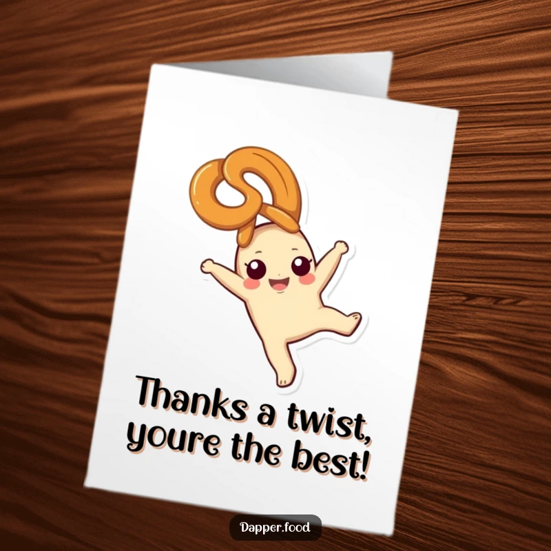 Funny Free Printable Thank You Card: A happy pretzel character doing a cartwheel, radiating pure bliss.