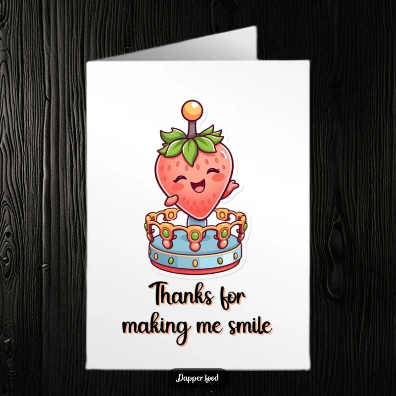 Funny Free Printable Thank You Card: Strawberry character winking and spinning joyfully on a carousel.