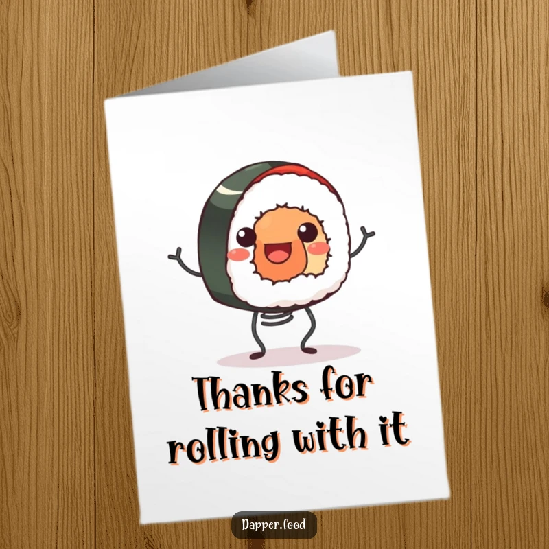 Funny Free Printable Thank You Card: A smiling sushi roll bouncing cheerfully on tiny spring legs as a thank you.