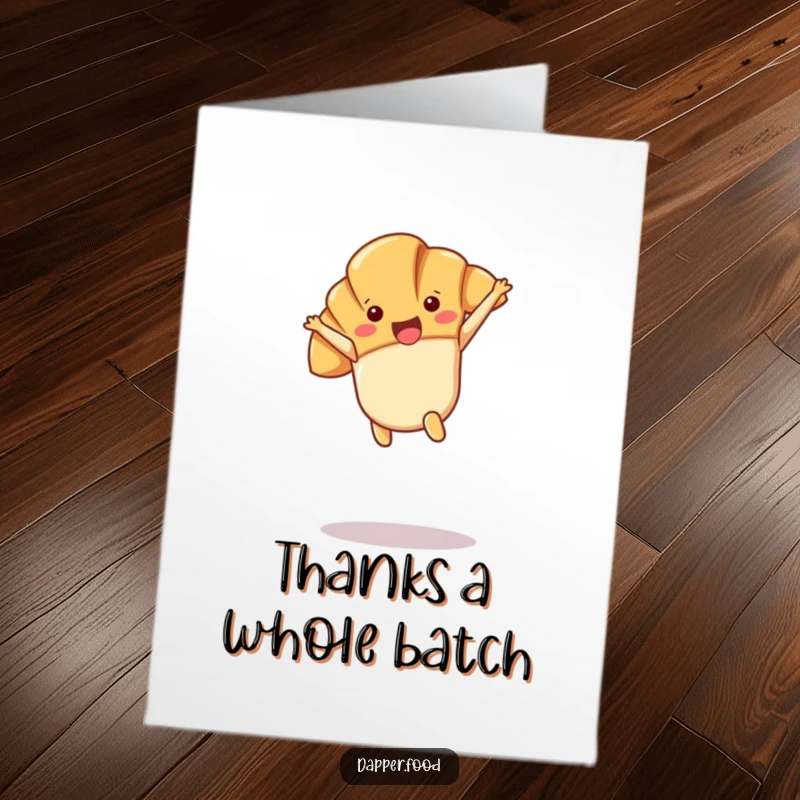 Funny Free Printable Thank You Card: Joyful Kawaii croissant character doing a cartwheel in mid-air, offering thanks.