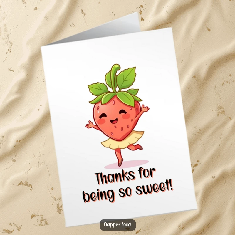 Funny Free Printable thank you card: A happy anthropomorphic strawberry character doing a ballet twirl, showing appreciation with grace.
