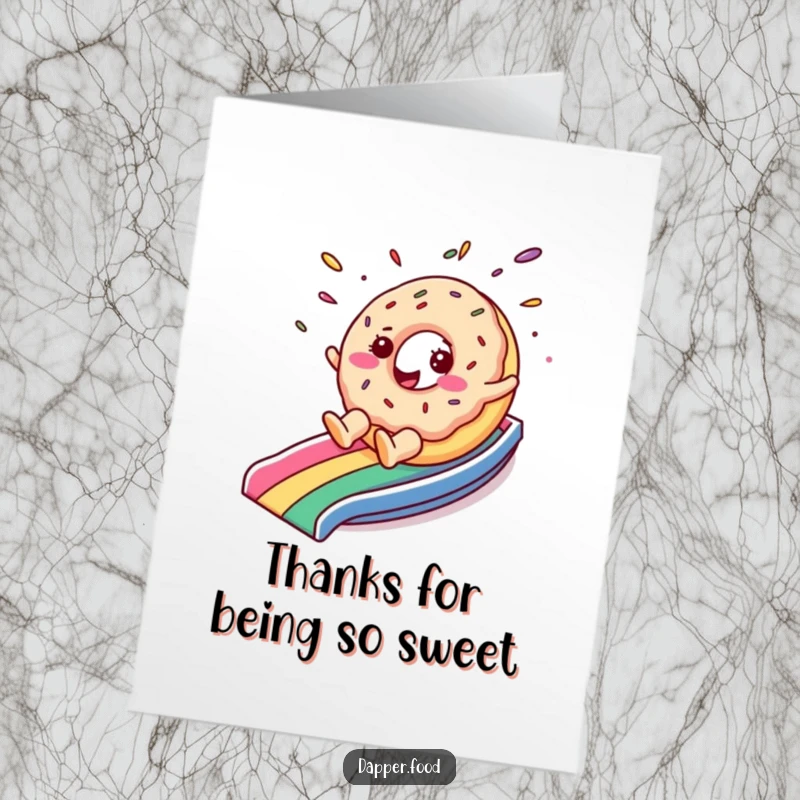 Funny free printable thank you card of a donut character sliding down a rainbow to express thanks.
