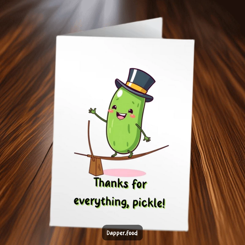 Funny Free Printable Thank You Card: A grinning pickle wearing a top hat wobbling slightly while balancing on a tightrope.
