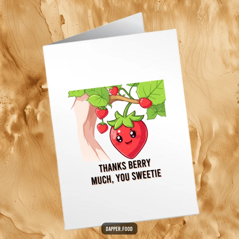 Funny Free Printable Thank You Card: Smiling strawberry swinging, bright eyes, heartfelt thanks digital card
