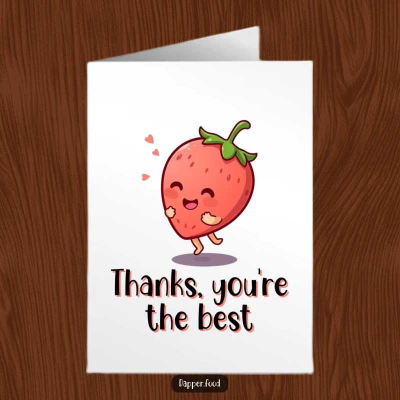Funny Free Printable Thank You Card: Giggling Kawaii strawberry character bouncing on its stem, sending thanks.