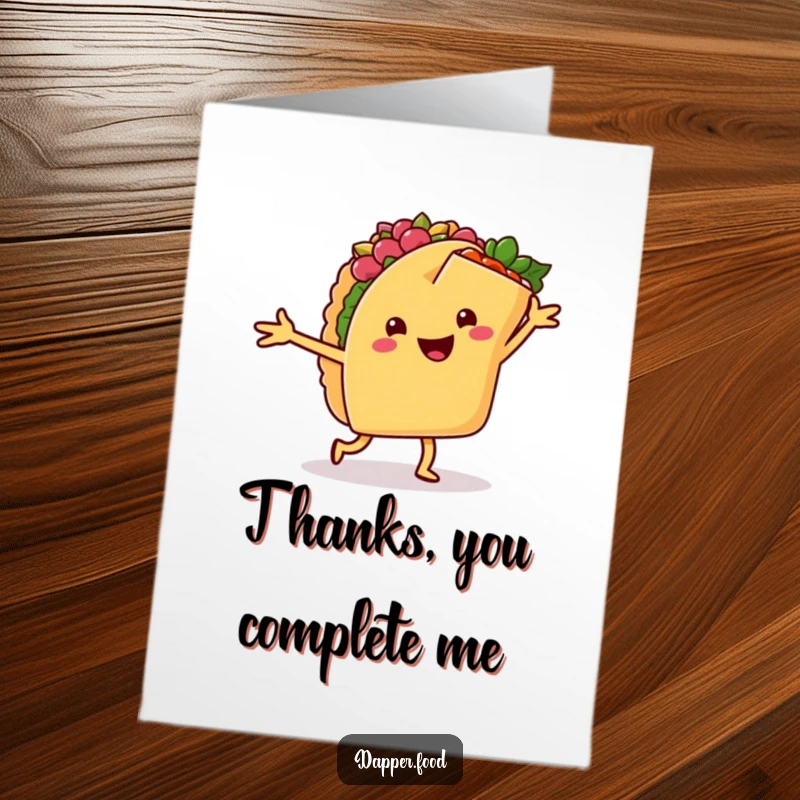 Funny Free Printable Thank You Card: A happy taco and a cheerful burrito with arms doing a salsa dance.