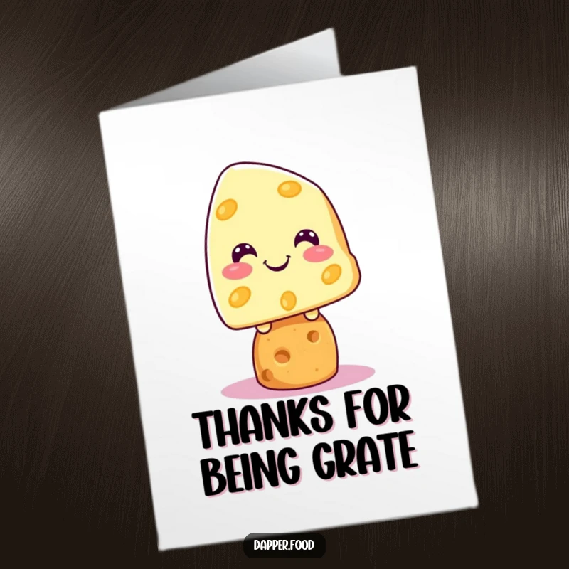 Funny Free Printable Thank You Card: Grinning Kawaii cheese character perched expertly on a cracker.
