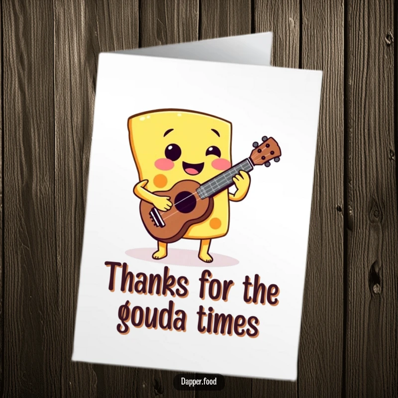 Funny Free Printable smiling cheese slice character enthusiastically playing a miniature ukulele. Thank You DIY gift.