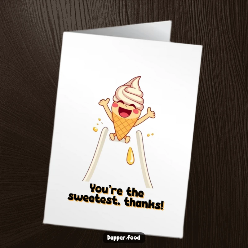 Funny free printable thank you card: a laughing ice cream cone with arms excitedly slides down a syrup slide, expressing delicious thanks.