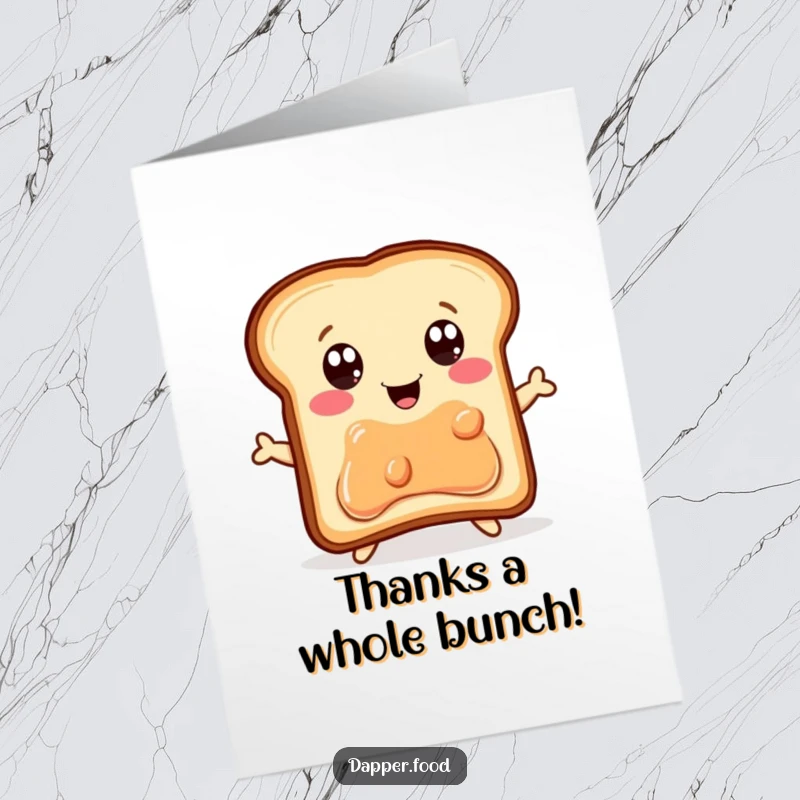 Funny free printable thank you card: a delighted piece of toast with eyes eagerly jumps for a jelly jar, expressing sweet gratitude.