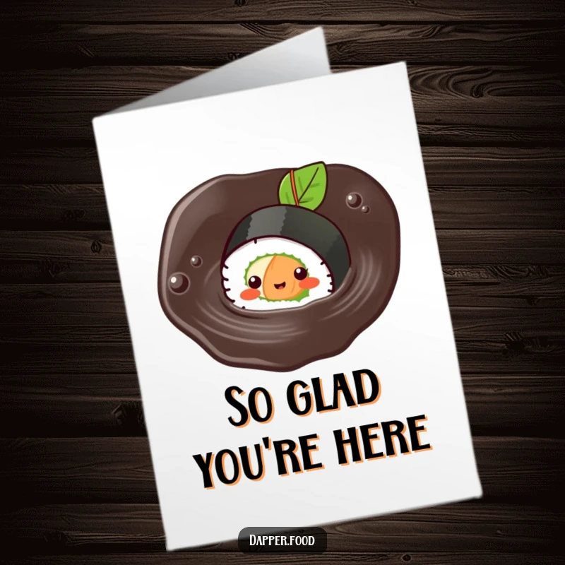 Funny Free Printable Thank You Card: A happy Kawaii sushi roll character joyfully swimming in a soy sauce pool, expressing thanks.