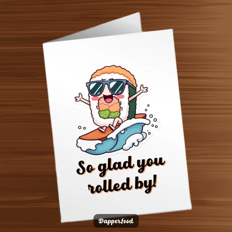 Funny Free Printable Thank You Card: Sushi roll with sunglasses riding a small ocean wave.