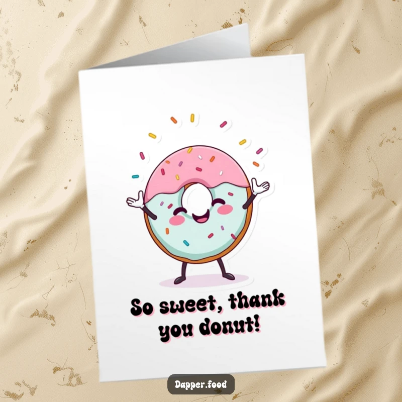 Funny Free Printable Thank You Card: A donut character juggling sprinkles with a cheerful demeanor, expressing thanks.