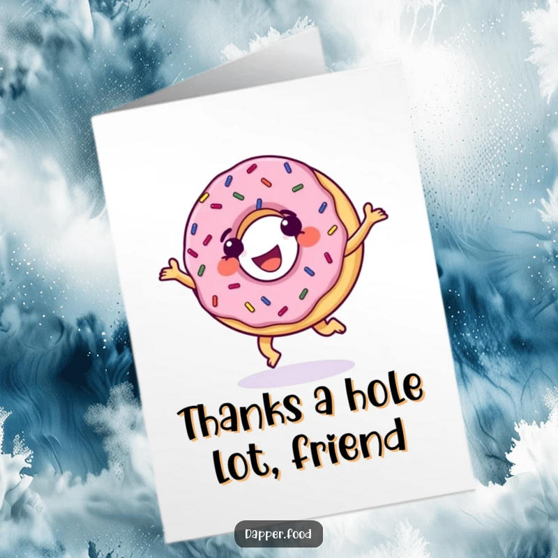 Funny free printable thank you card of a grinning, sprinkle-covered donut doing a cartwheel, showing thanks with sugary delight.