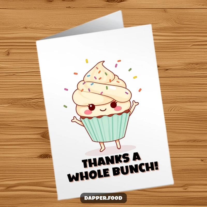 Funny Free Printable Thank You Card: A happy Kawaii cupcake character dancing with sprinkles flying, expressing thanks with festive energy.