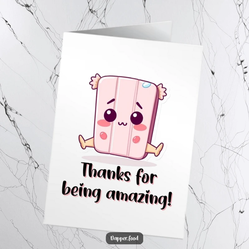 Funny Free Printable Thank You Card: A candy bar character in a wide split, looking utterly surprised by its own ability.
