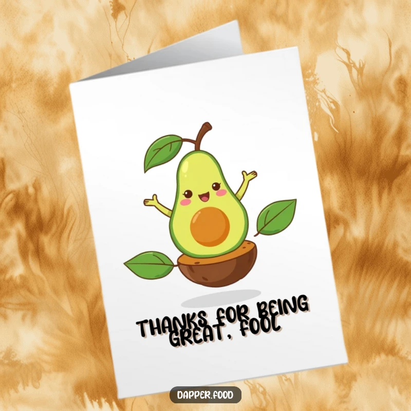 Funny free printable thank you card of a happy avocado gracefully pirouetting with flair on its single pit.