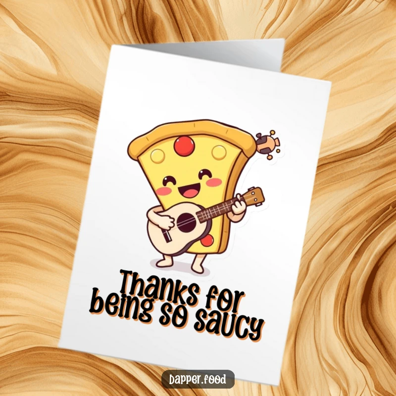 Funny Free Printable Thank You Card: Pizza slice character joyfully plays a ukulele, saying thanks.