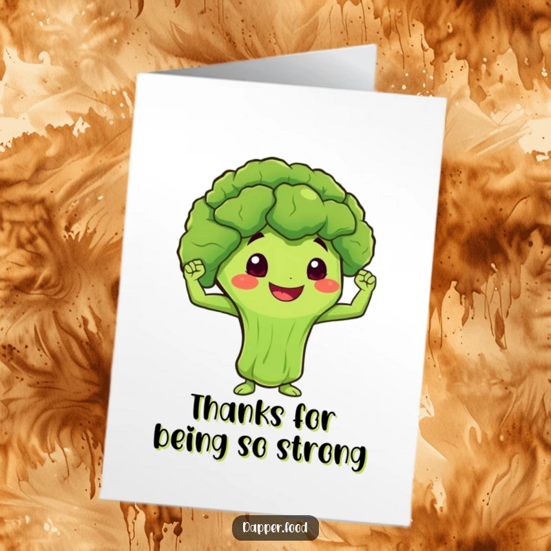 Funny Free Printable Thank You Card: Broccoli character smiling and flexing its little muscles.