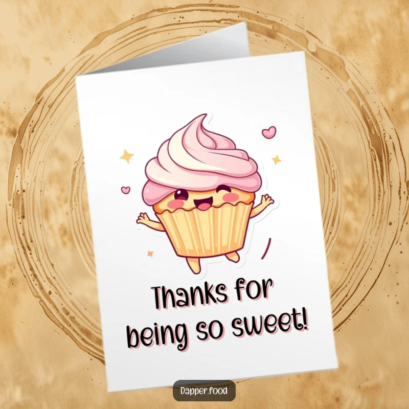 Funny Free Printable Thank You Card: A happy cupcake character bouncing high, frosting soaring, expressing thanks.