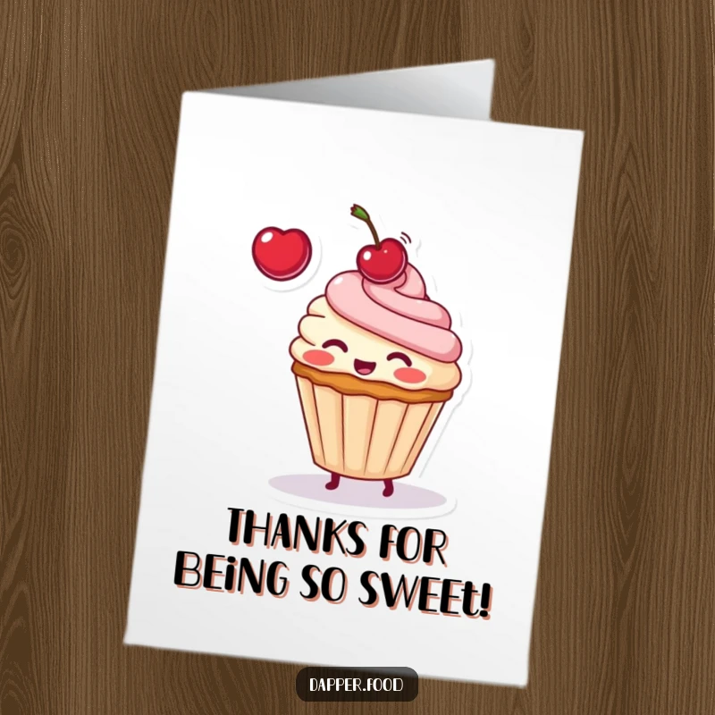 Funny Free Printable Thank You Card: Cute blushing cupcake playfully tossing a cherry, sweet and heartfelt art.