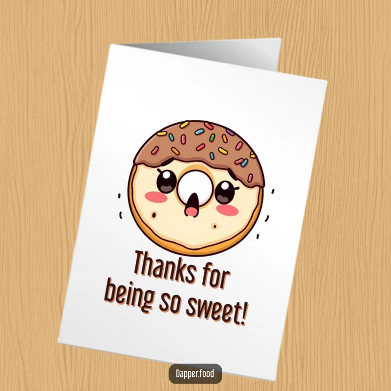 Funny Free Printable Thank You Card: Surprised doughnut character with sprinkles raining down, expressing thanks sweetly, downloadable art.