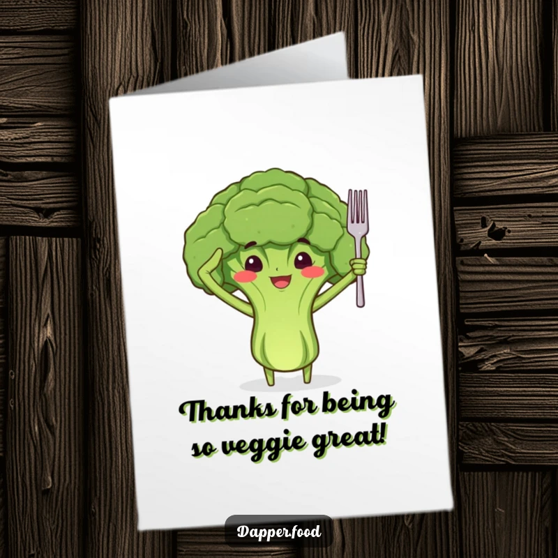 Funny Free Printable Thank You Card: A proud broccoli floret with arms salutes with a tiny fork, expressing thanks.