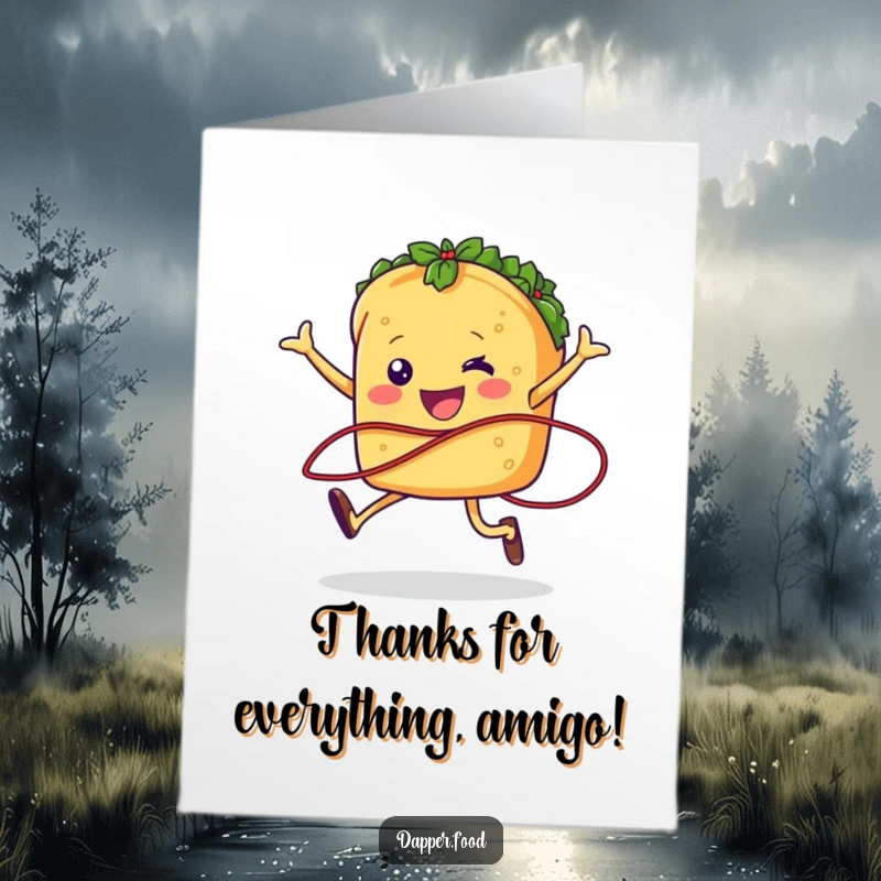 Funny Free Printable Taco Thank You Card: A cheerful taco character with legs joyfully jumping rope with a salsa strand, expressing thanks with zest.