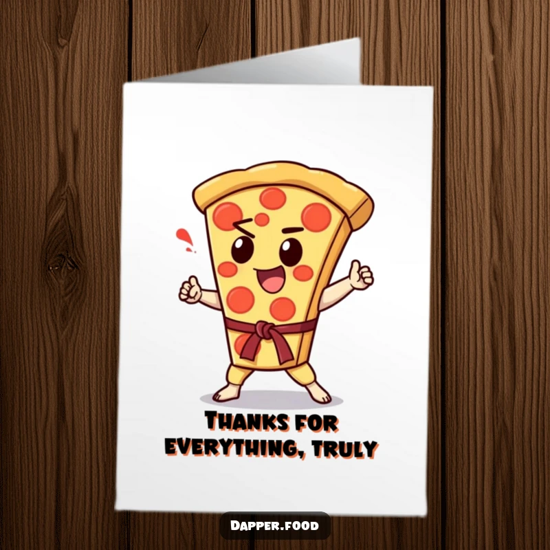 Funny Free Printable Thank You Card: Enthusiastic Kawaii pizza slice character performing a karate chop, sending thanks.