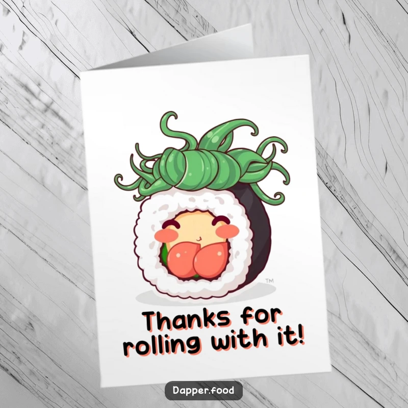 Funny Free Printable Thank You card: A delighted sushi roll with seaweed hair spinning with pure, unadulterated joy.