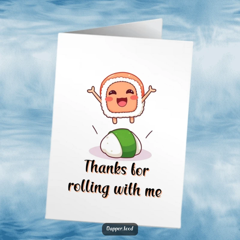 Funny free printable thank you card with a gleeful sushi slice soaring over a surprised wasabi blob.