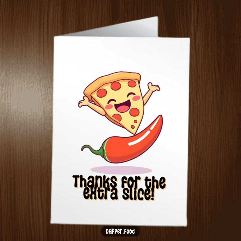Funny free printable thank you card: A pizza doing a daring jump over a chili pepper, expressing thanks.