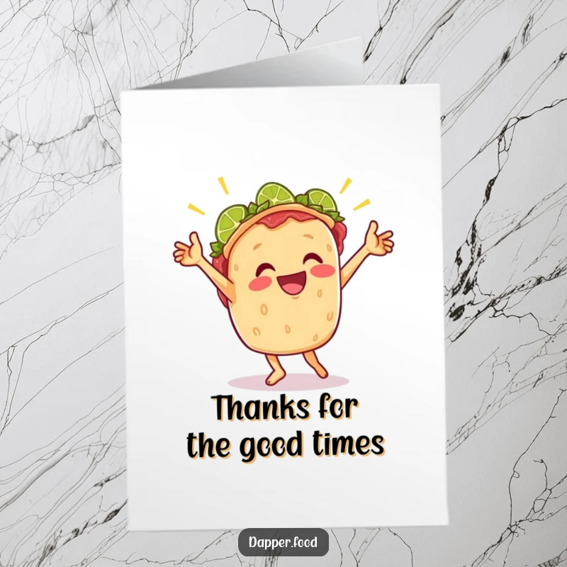 Funny free printable thank you card featuring an ecstatic taco doing a lively victory dance with lime wedges scattered around.