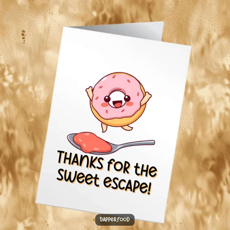 Funny free printable thank you card: A Kawaii donut character performing a joyful leap over a spoonful of sweet jam.