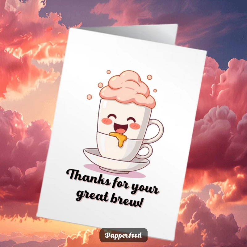 Funny Free Printable Thank You Card: A cute coffee mug character gleefully spilling colorful, bubbly foam with a happy expression.