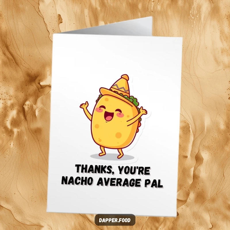 Funny free printable thank you card of an excited taco doing a happy dance under a tiny sombrero, conveying thanks with flavor.