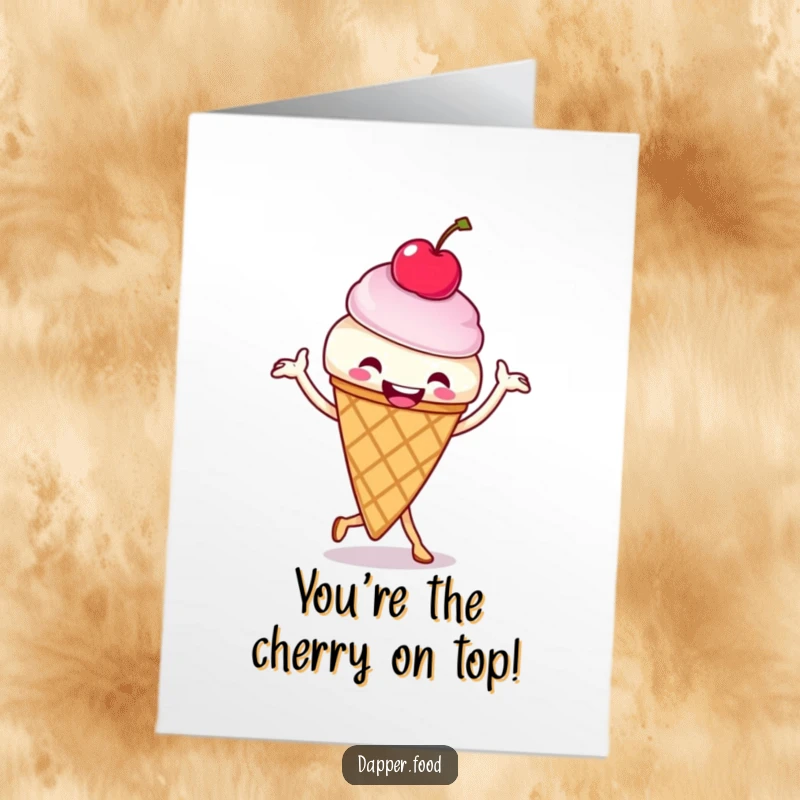 Funny Free Printable Thank You Card: An ecstatic ice cream cone with a cherry spinning in a happy jig.