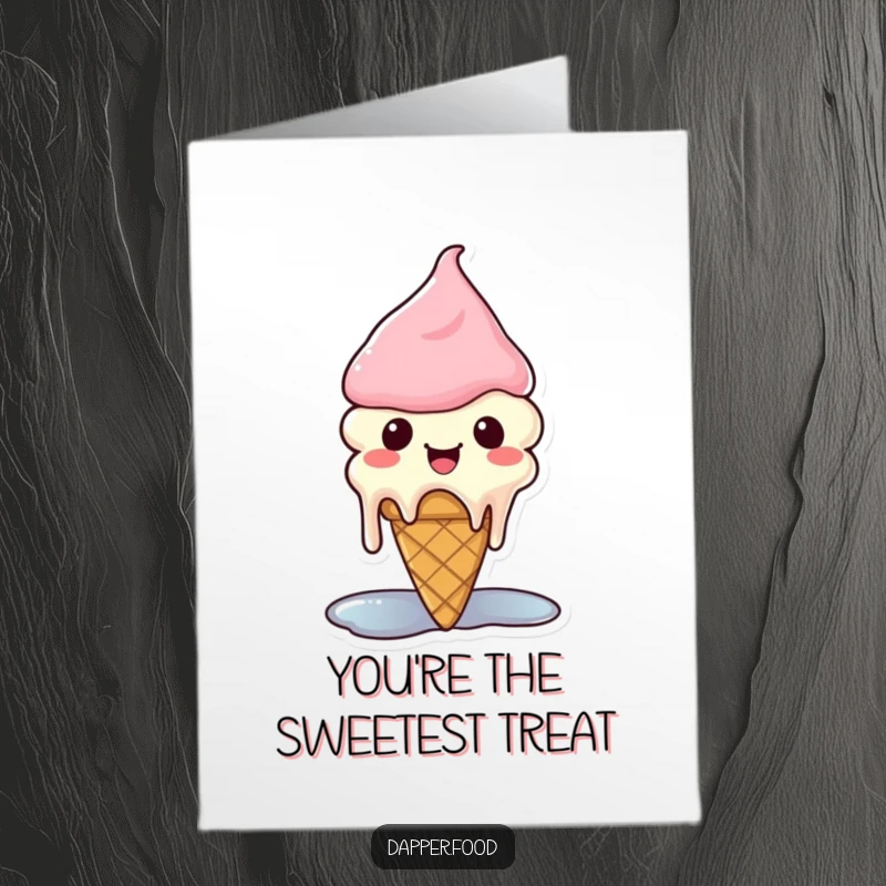 Funny Free Printable Thank You Card: A Kawaii ice cream cone character melting slightly from happiness, conveying sweet thanks.