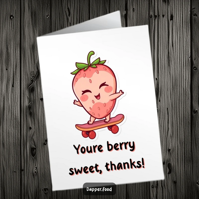 Funny Free Printable Thank You Card: A winking strawberry character riding a tiny skateboard, expressing thanks with charm.