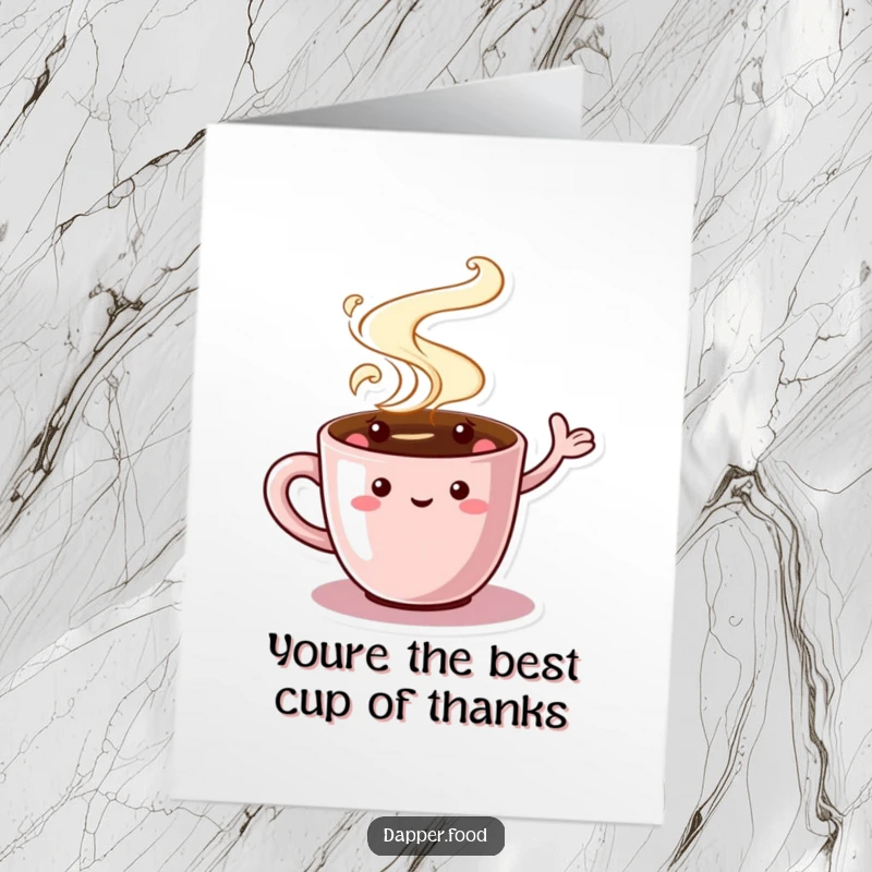 Funny Free Printable Thank You Card: A charming coffee cup character with swirling steam, waving a friendly thank you.